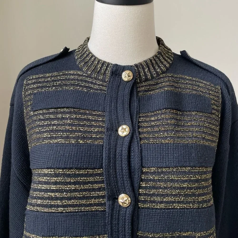 Barra of Italy Wool Blend Navy Blue Metallic Gold Military Style Button Cardigan